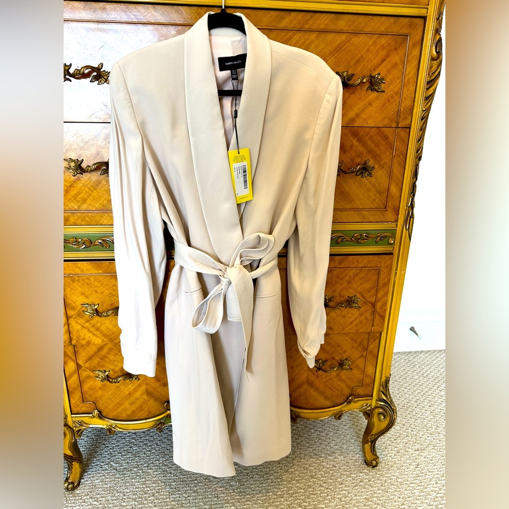 New Karen Millen Cream Knee Length Blazer Dress with Satin Collar and belt Sz 12